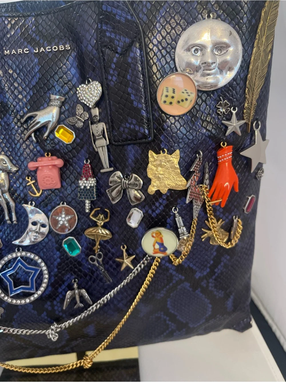 RARE Marc Jacobs Navy Snakeskin-Textured Charm Tote - Picture 3 of 11